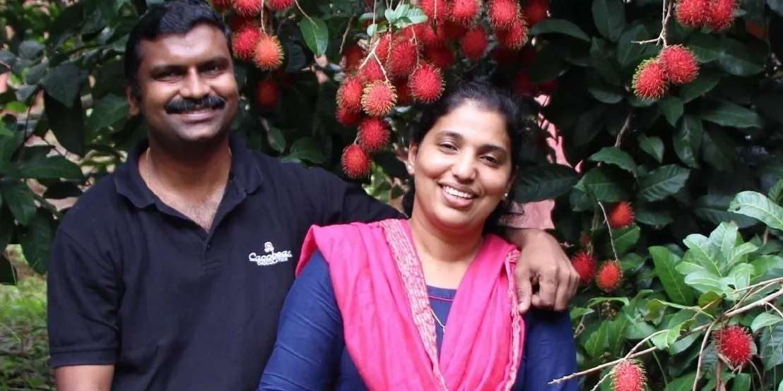 Kurian Chandy and Sandhya in the rambutan orchard